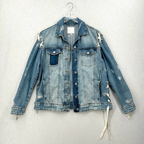 ZARA Jacket Womens Small Blue Distressed Oversized Ripped Denim Lace Up NWOT - Picture 2 of 14